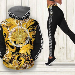 Versace Black Gold Pattern 3D Hoodie And Leggings Set - AF+DDK-00566299