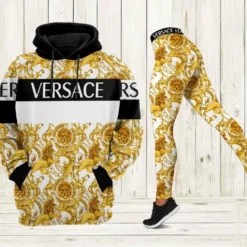Versace Luxury Brand Black And White Stripe 3D Hoodie And Leggings Set - MRS-AF+DDK-00262783