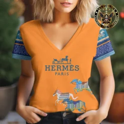 Premium HERMÈS V-Neck T-Shirt 💖 Women 2024 LUX- TX-00023IPRVMBK