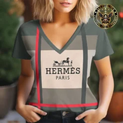 Premium HERMÈS V-Neck T-Shirt 💖 Women 2024 LUX- TX-0002GRXUQCUC