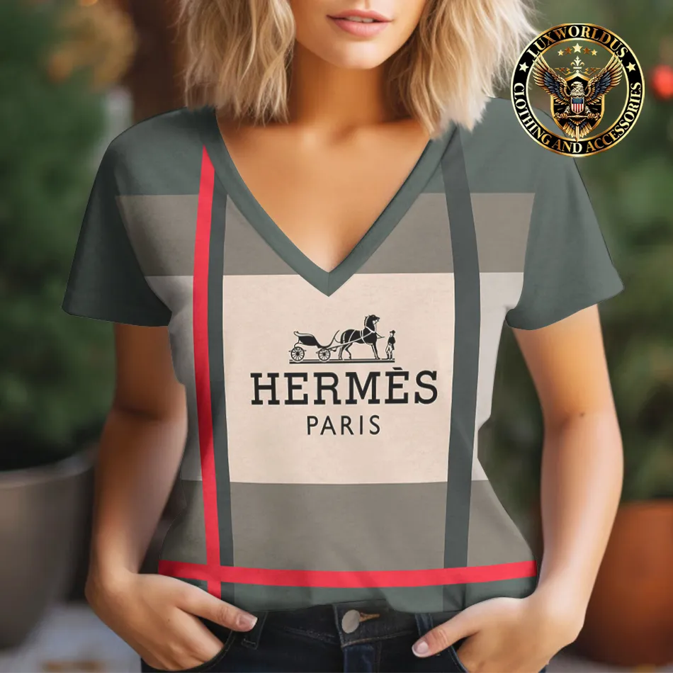 Premium HERMÈS V-Neck T-Shirt 💖 Women 2024 LUX- TX-0002GRXUQCUC