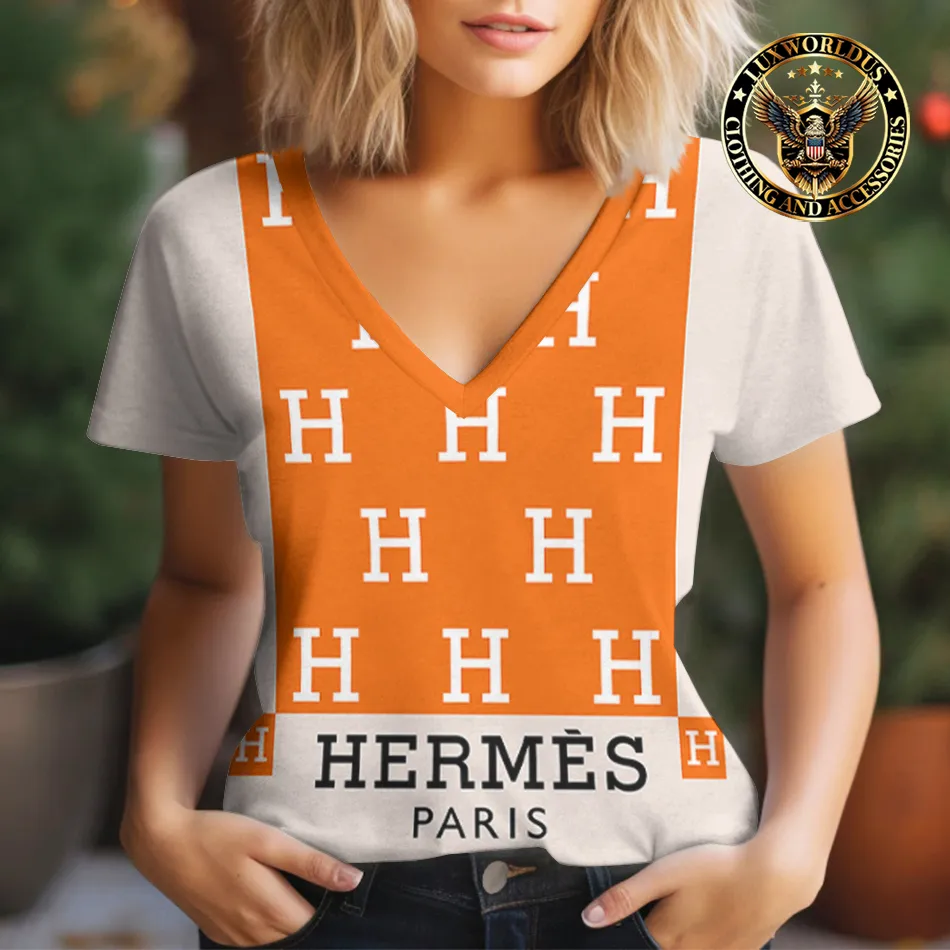Premium HERMÈS V-Neck T-Shirt 💖 Women 2024 LUX- TX-0002O7YBLNTY