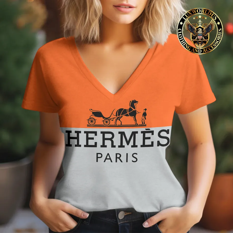 Premium HERMÈS V-Neck T-Shirt 💖 Women 2024 LUX- TX-00026NBTU456